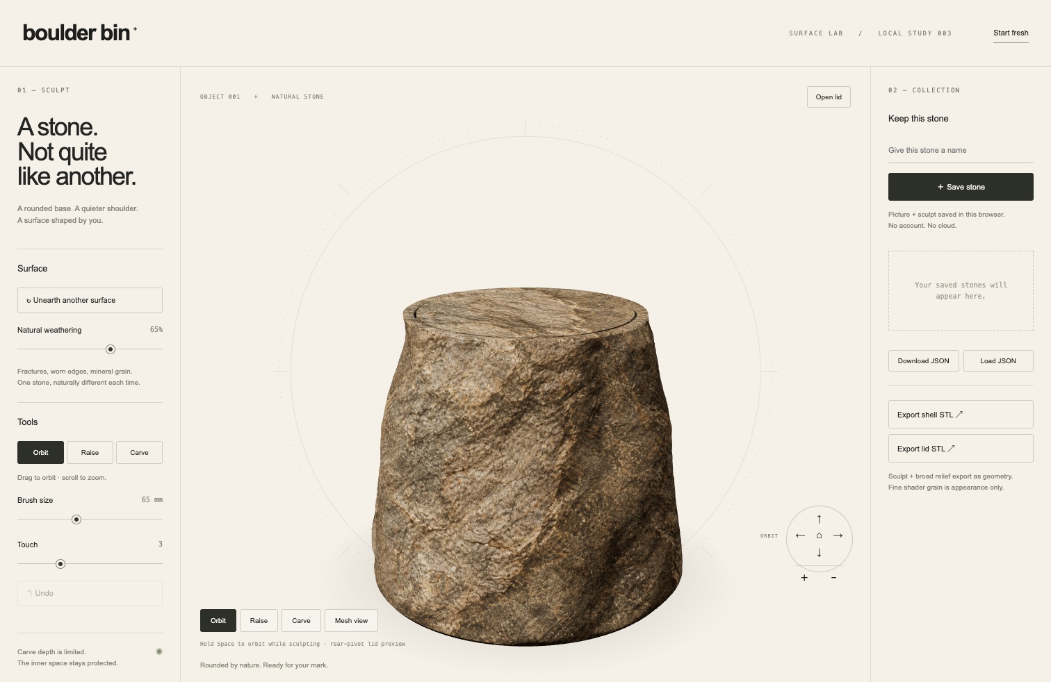 Boulder Bin sculpting studio showing a textured stone bin, sculpting controls and STL export
